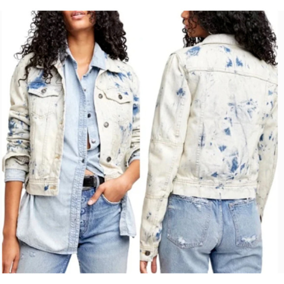 Free People Rumors Denim Jacket- WOMEN SMALL -Jones Tie Dye Blue Jean Jacket-NEW - Picture 1 of 7